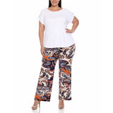 White Mark Women's Plus Size Solid Top & Paisley Print Pant Set