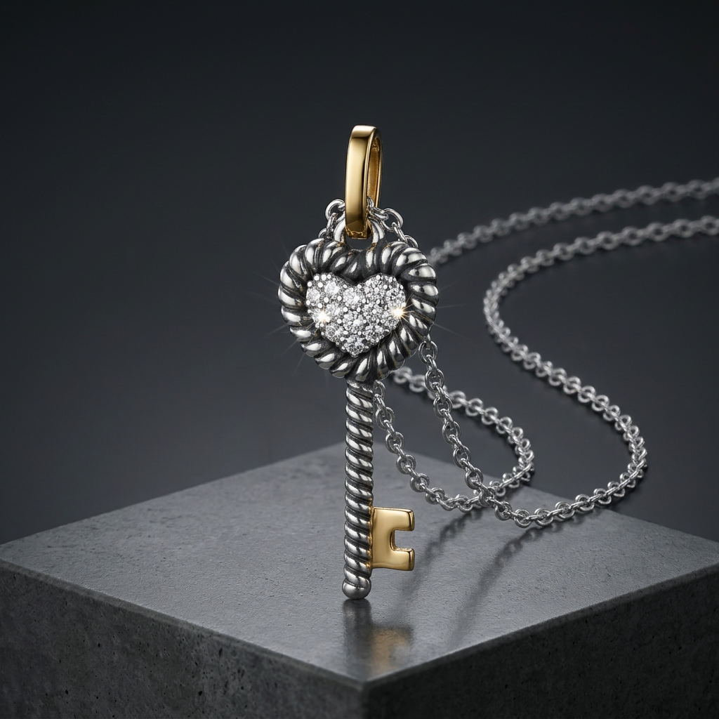 Silver key-shaped pendant with heart detail on a chain against a dark background