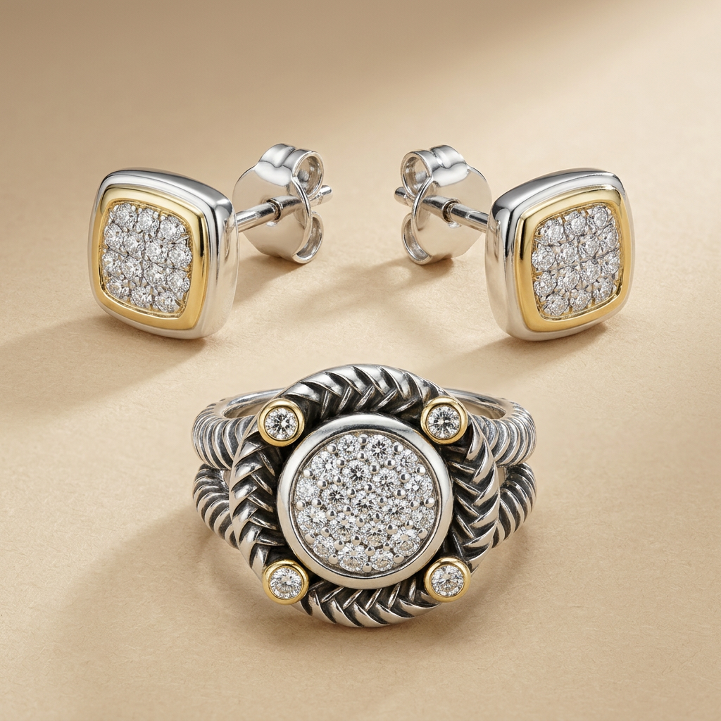 Pair of diamond-studded earrings and a ring on a beige background