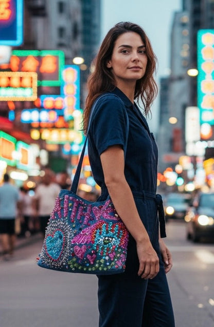 ALLE Handbags Hand-Painted & Hand-Embroidered Denim Tote Bag