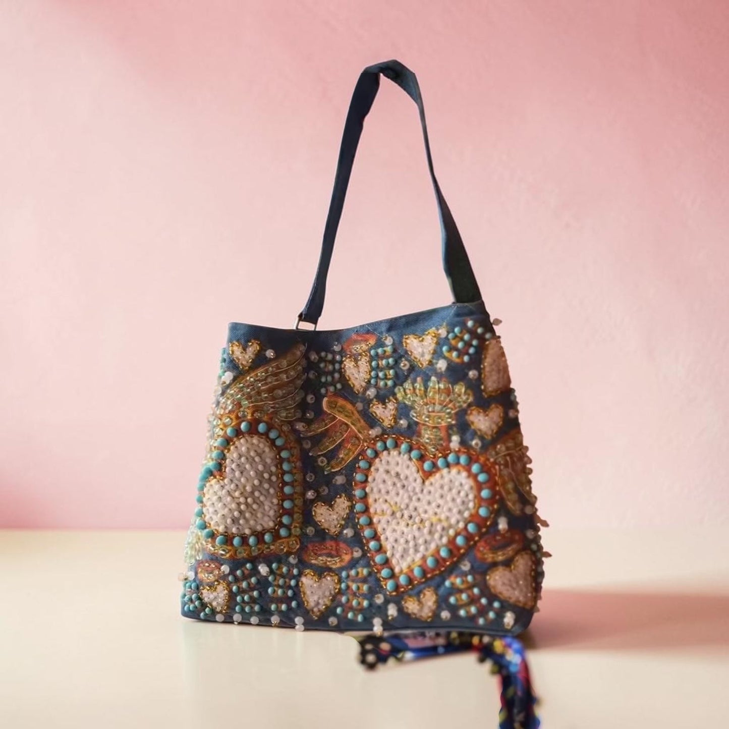 ALLE Handbags Hand-Painted & Hand-Embroidered Denim Tote Bag