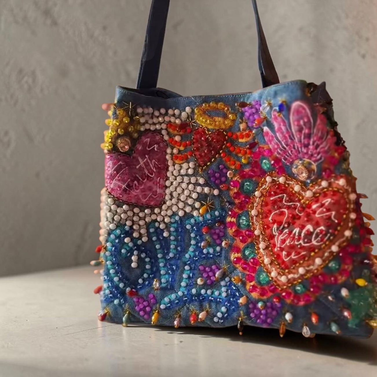 ALLE Handbags Hand-Painted & Hand-Embroidered Denim Tote Bag