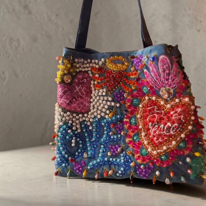 ALLE Handbags Hand-Painted & Hand-Embroidered Denim Tote Bag