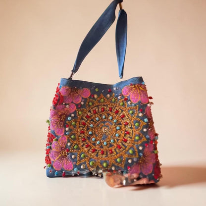 ALLE Handbags Hand-Painted & Hand-Embroidered Denim Tote Bag