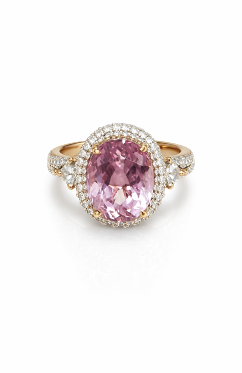 AS IS SAMPLE - 14K Gold Kunzite & White Zircon Halo Ring