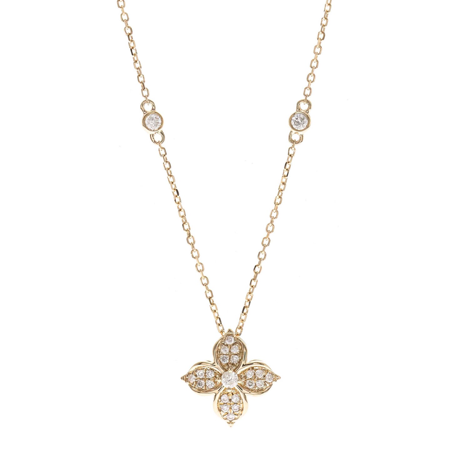 Beverly Hills Elegance 14K Gold 0.20ctw Diamond Quatrefoil Flower Necklace with Chain