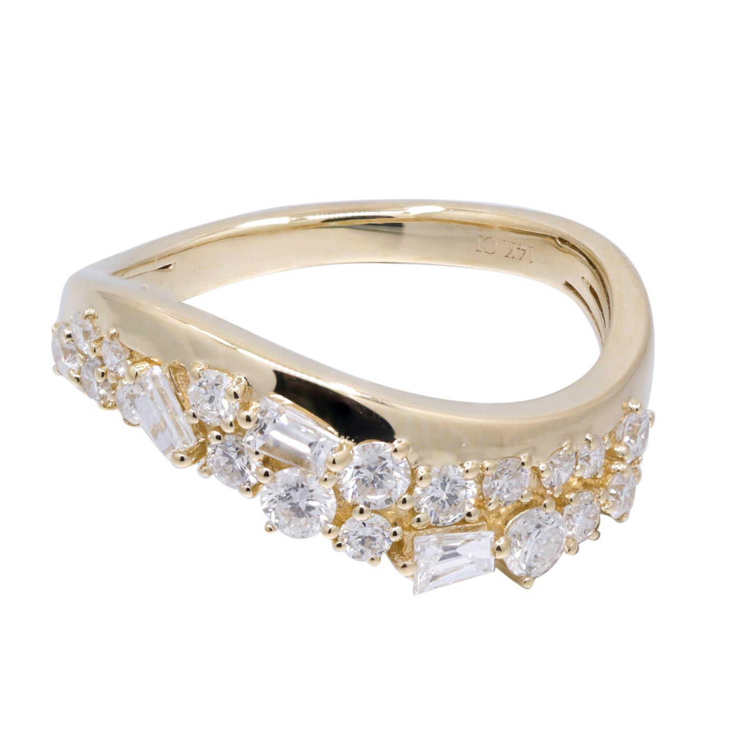 Beverly Hills Elegance 14K Gold 0.81ctw Round & Baguette Diamond Double Row Wave Ring