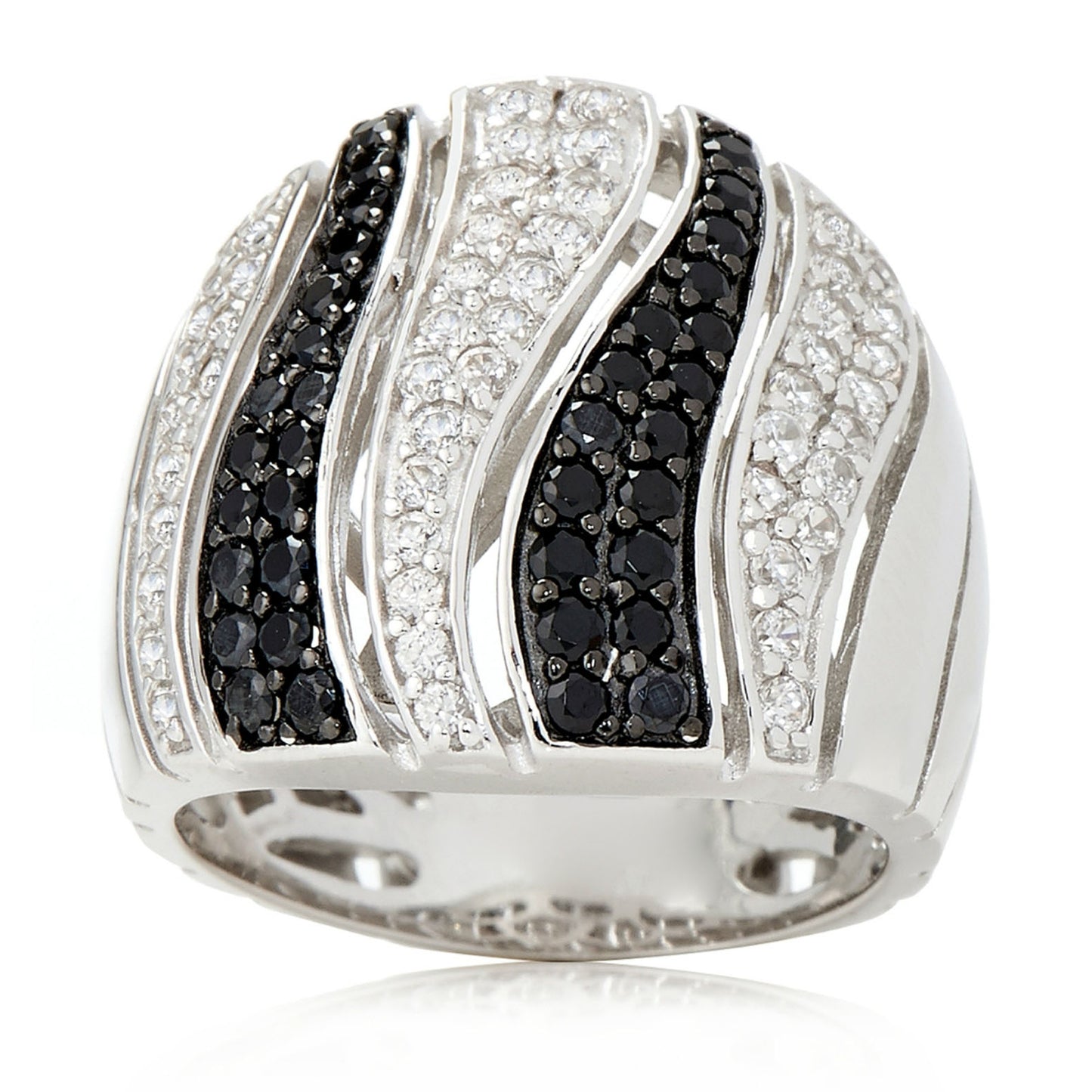 Gem Treasures Sterling Silver Black Spinel & White Zircon Tiger Striped Wide Band Ring