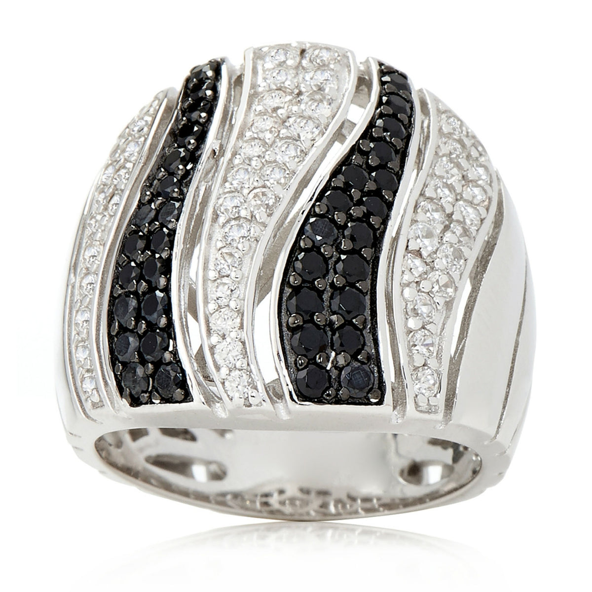 Gem Treasures Sterling Silver Black Spinel & White Zircon Tiger Striped Wide Band Ring