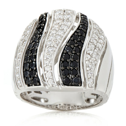 Gem Treasures Sterling Silver Black Spinel & White Zircon Tiger Striped Wide Band Ring