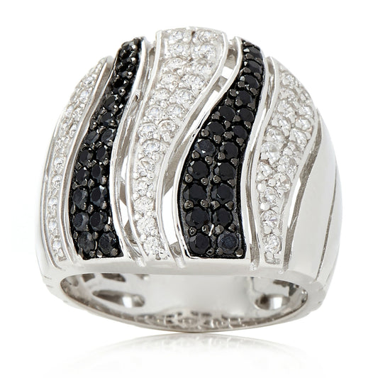 Gem Treasures Sterling Silver Black Spinel & White Zircon Tiger Striped Wide Band Ring