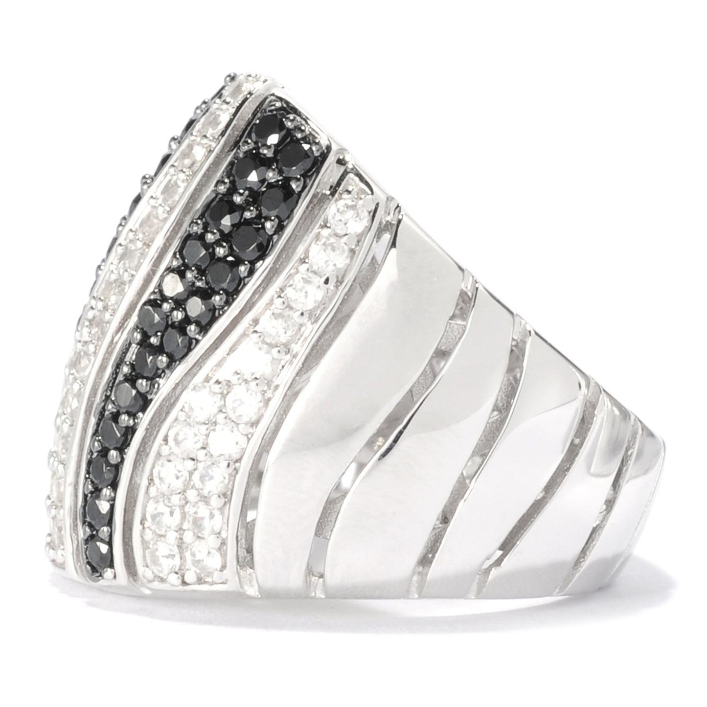 Gem Treasures Sterling Silver Black Spinel & White Zircon Tiger Striped Wide Band Ring