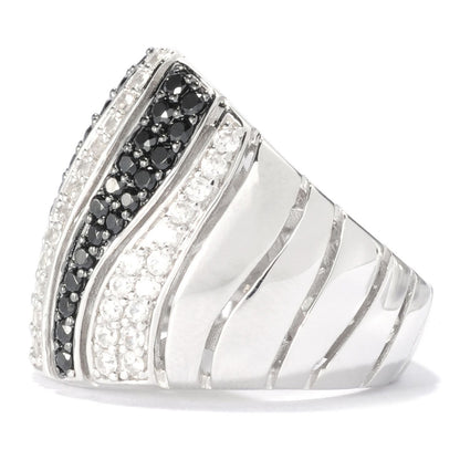 Gem Treasures Sterling Silver Black Spinel & White Zircon Tiger Striped Wide Band Ring