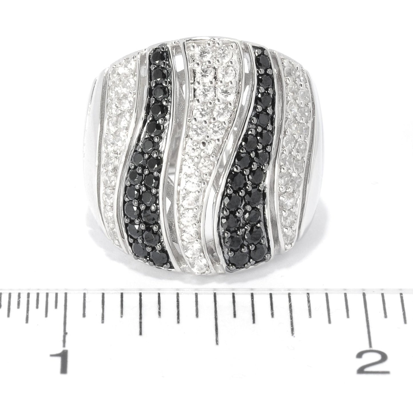 Gem Treasures Sterling Silver Black Spinel & White Zircon Tiger Striped Wide Band Ring