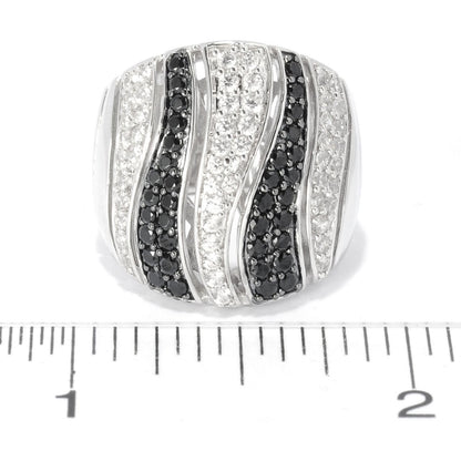 Gem Treasures Sterling Silver Black Spinel & White Zircon Tiger Striped Wide Band Ring