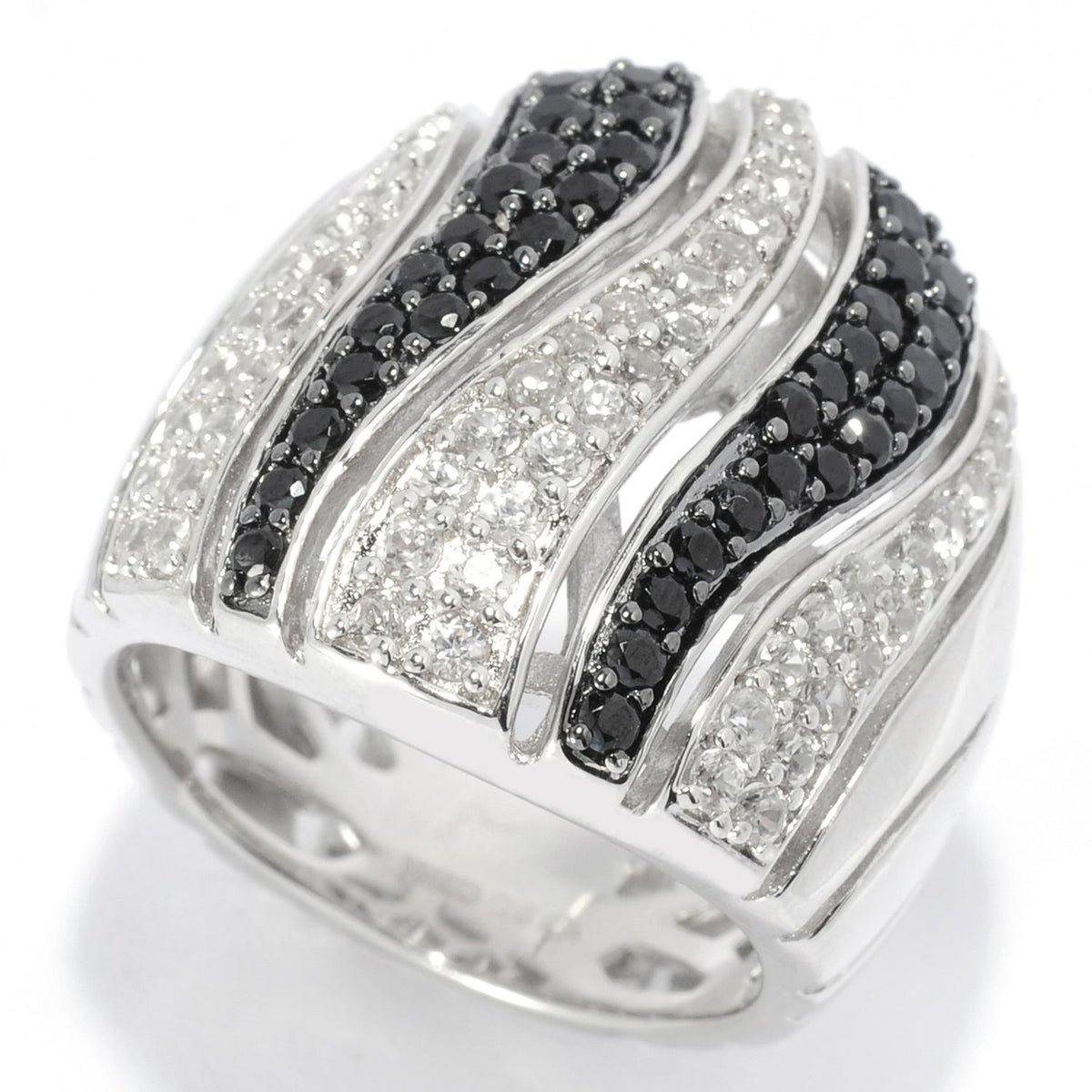 Gem Treasures Sterling Silver Black Spinel & White Zircon Tiger Striped Wide Band Ring