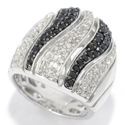 Gem Treasures Sterling Silver Black Spinel & White Zircon Tiger Striped Wide Band Ring