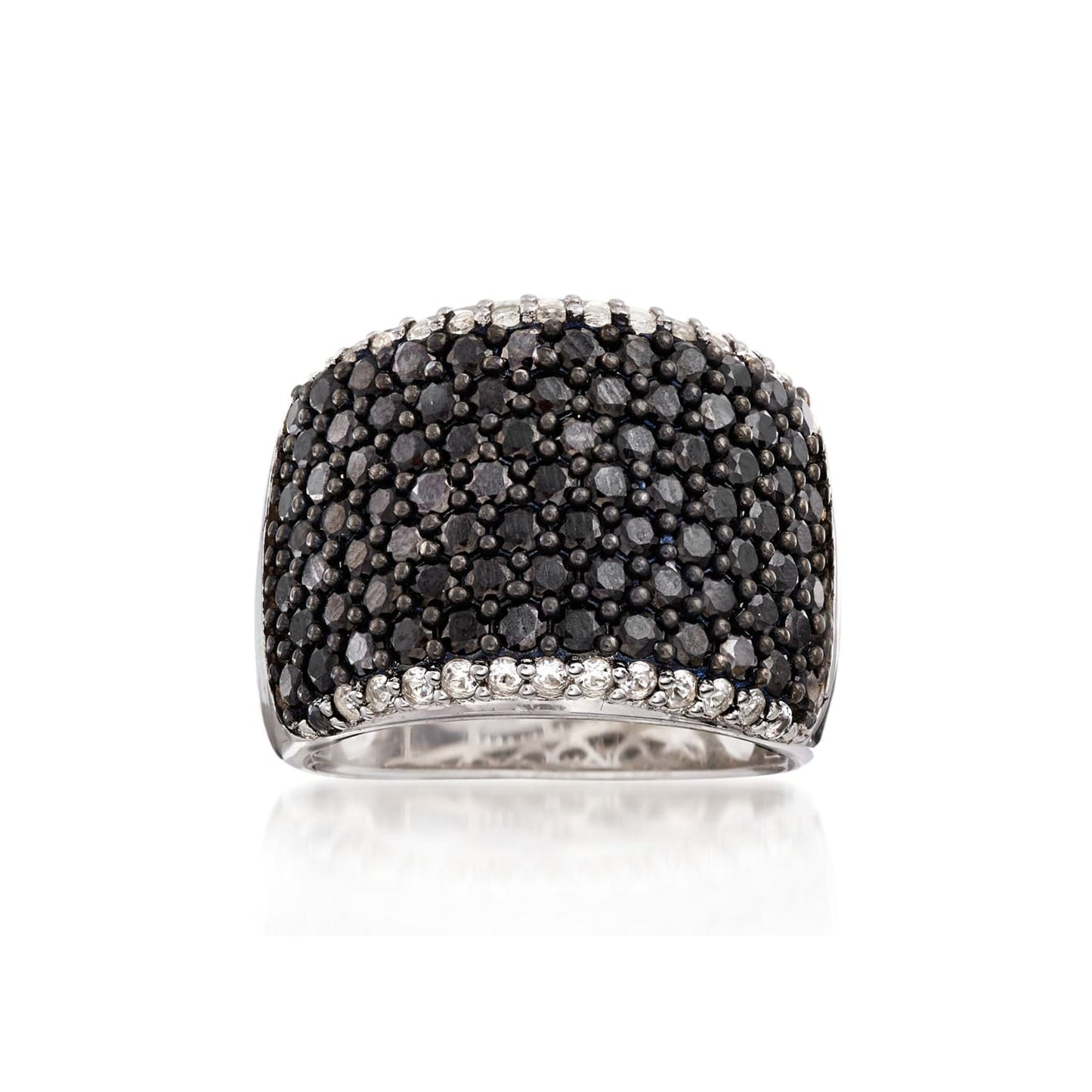 Gem Treasures Sterling Silver Black Spinel Pave Wide Band White Topaz Frame Ring