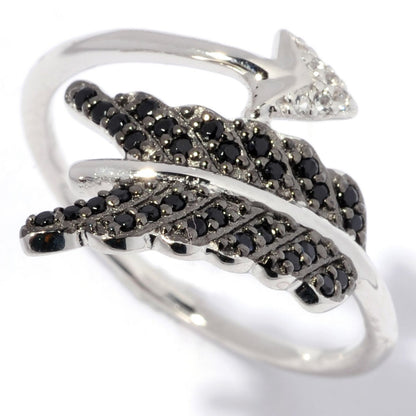 Gem Treasures Sterling Silver Black Spinel & White Zircon Arrow Wrap Ring