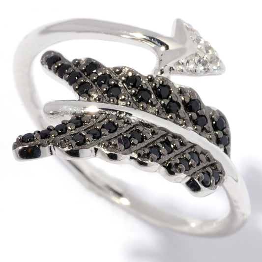 Gem Treasures Sterling Silver Black Spinel & White Zircon Arrow Wrap Ring