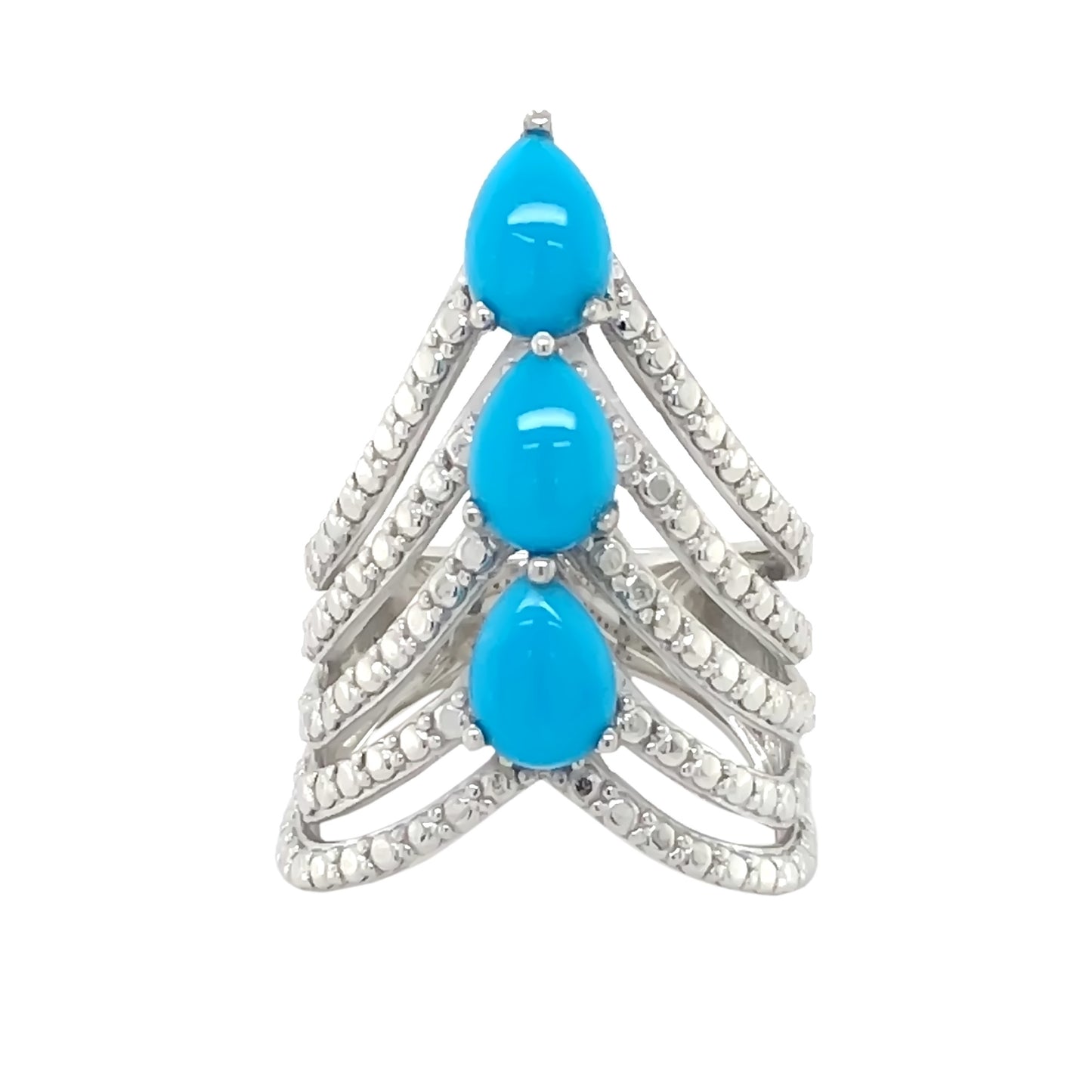 Sterling Silver Pear-Shaped Sleeping Beauty Turq & White Zircon Chevron Ring