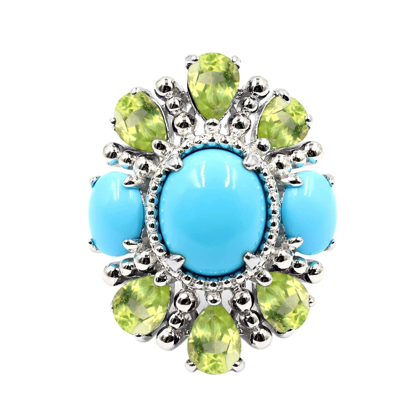 Sterling Silver 12x10mm Sleeping Beauty Turq & Peridot Statement Ring