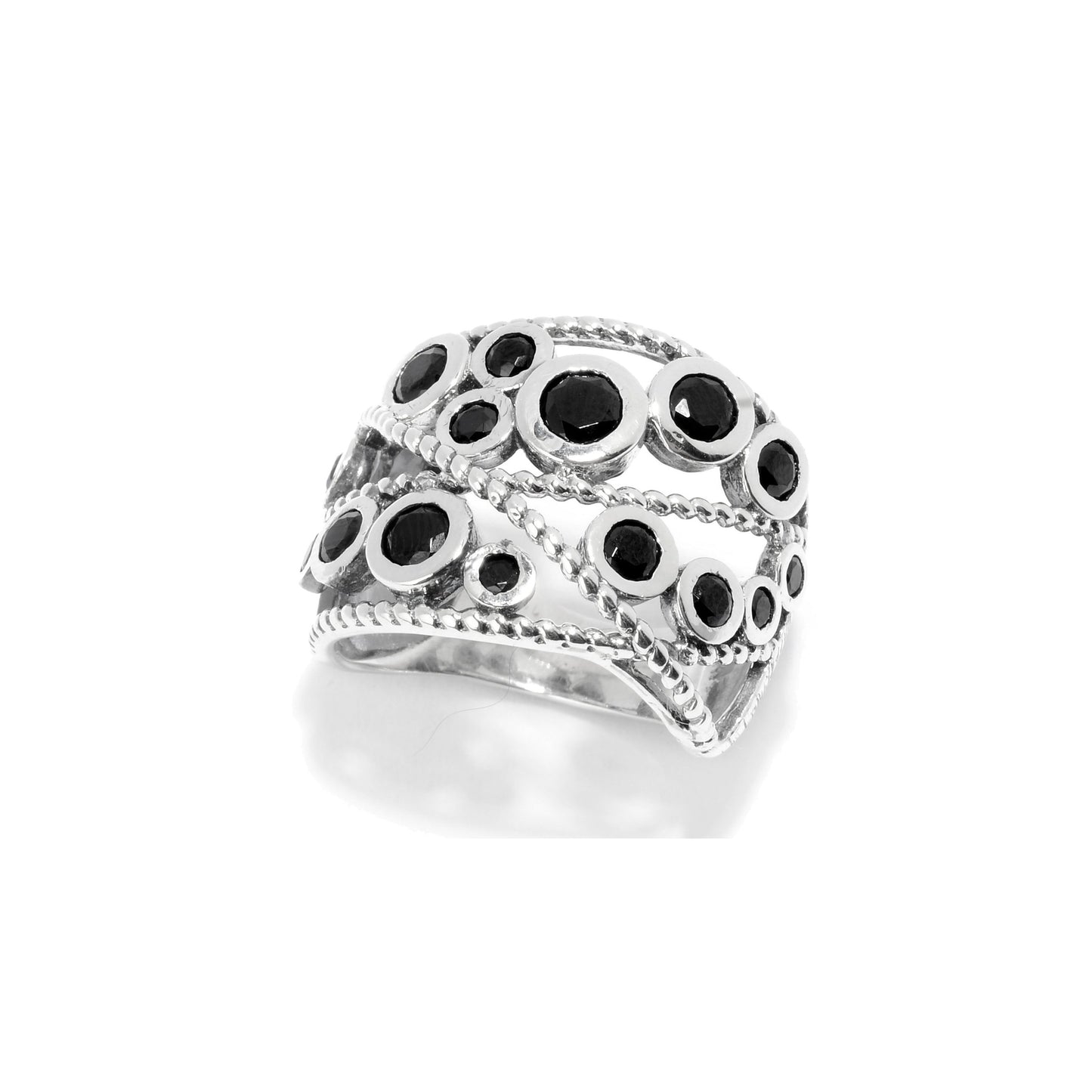 Gem Treasures Sterling Silver Black Spinel Bezel Set Braided Open Highway Ring