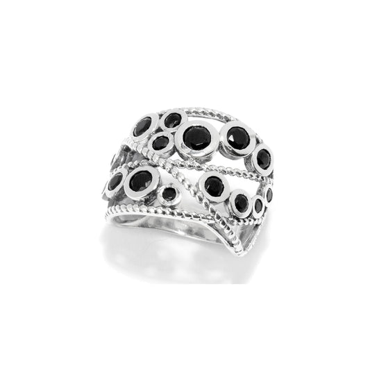 Gem Treasures Sterling Silver Black Spinel Bezel Set Braided Open Highway Ring