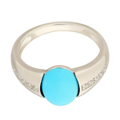 Sterling Silver 10x8mm Sleeping Beauty Turquoise & White Zircon Solitaire Ring