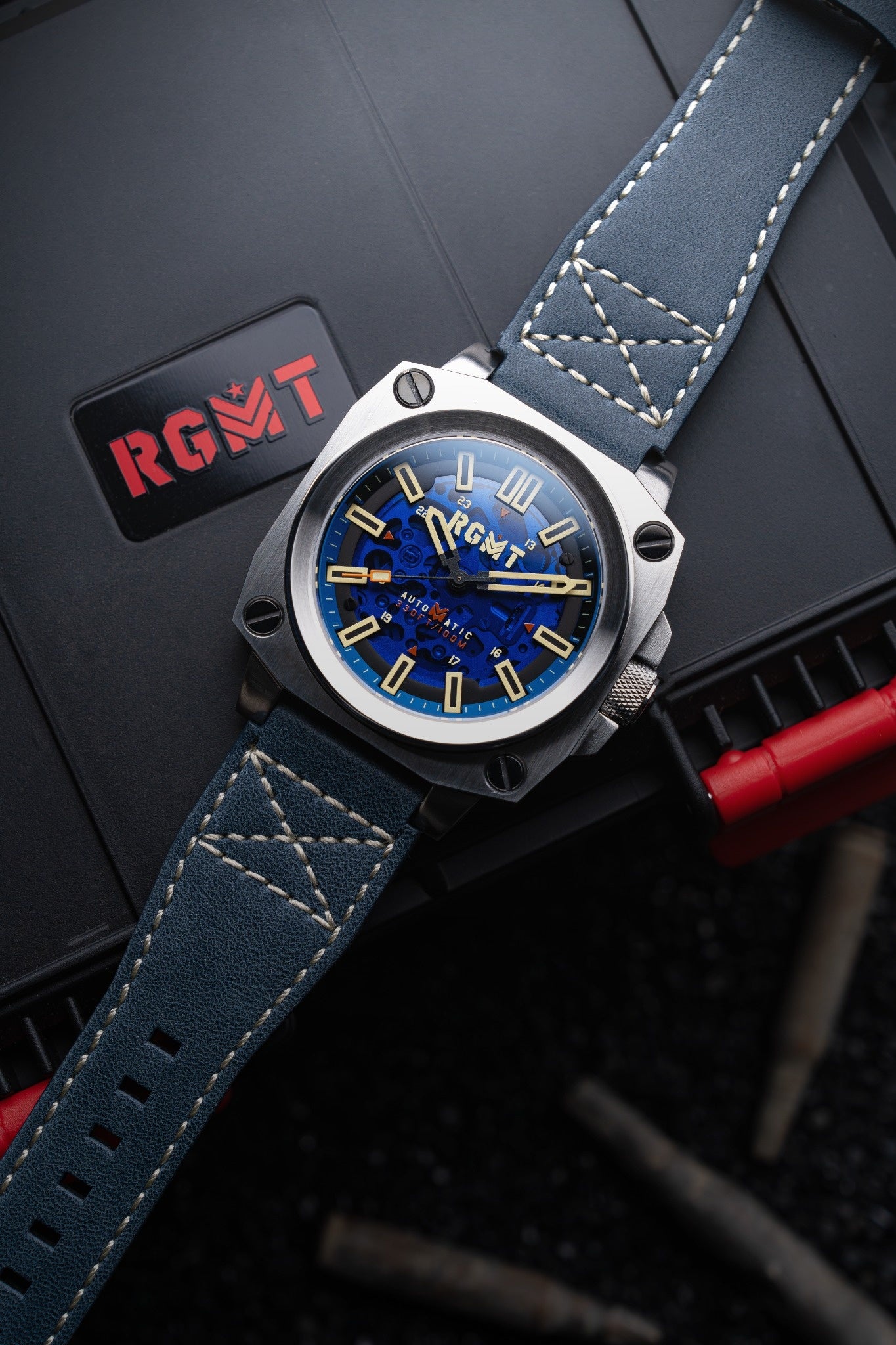 RGMT Men's 46mm Altimeter Skeletonized Automatic Leather Strap Watch