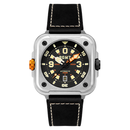 RGMT Men's 50mm Pershing Automatic Date Square Case Leather Strap Watch