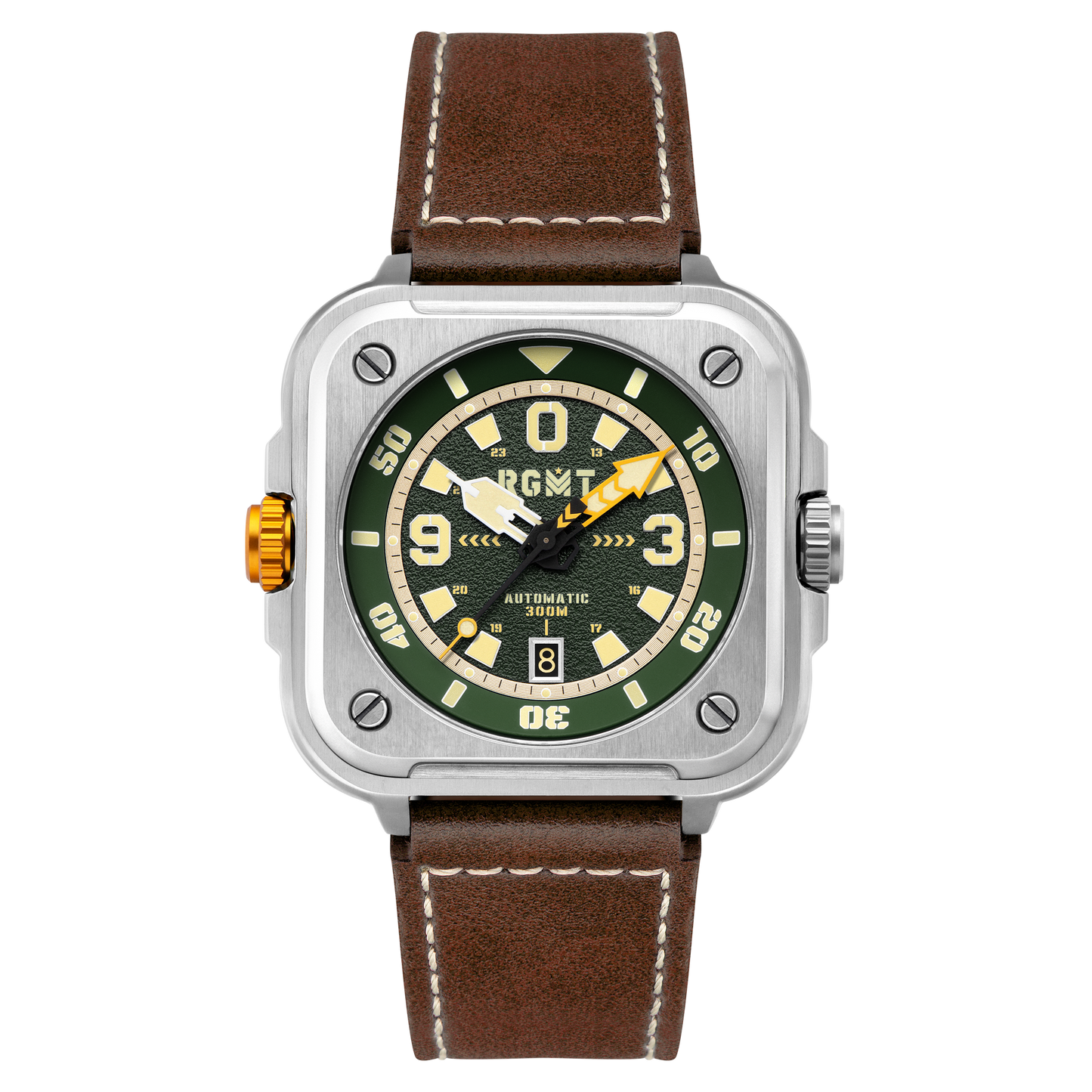 RGMT Men's 50mm Pershing Automatic Date Square Case Leather Strap Watch