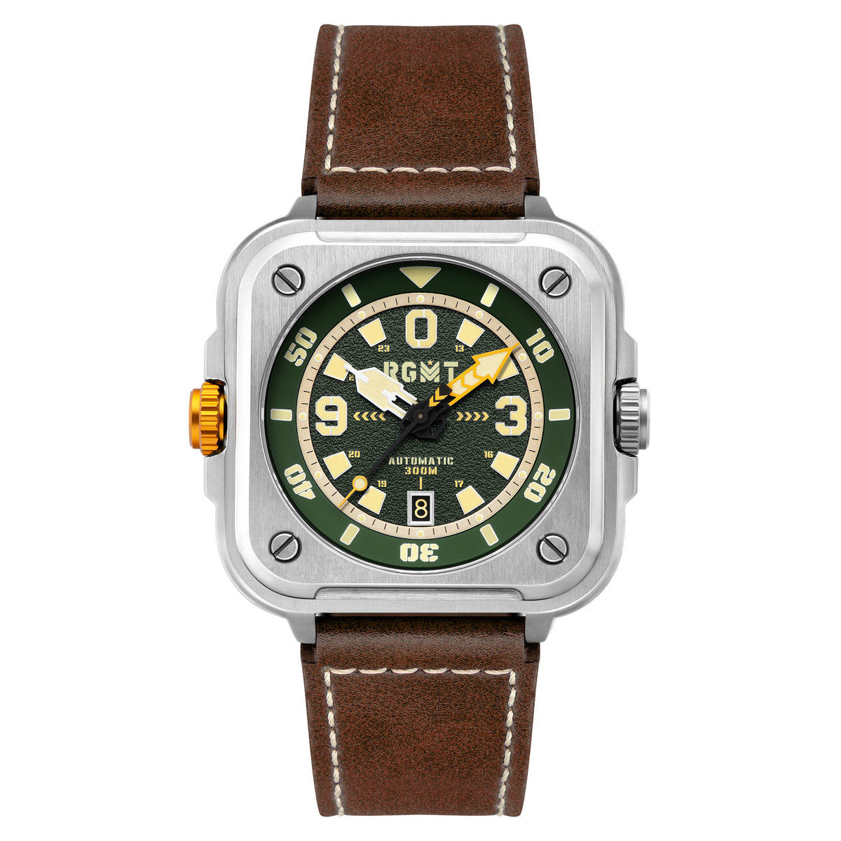 RGMT Men's 50mm Pershing Automatic Date Square Case Leather Strap Watch
