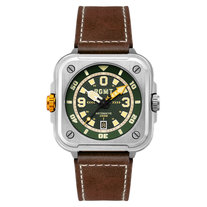 RGMT Men's 50mm Pershing Automatic Date Square Case Leather Strap Watch