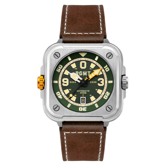 RGMT Men's 50mm Pershing Automatic Date Square Case Leather Strap Watch