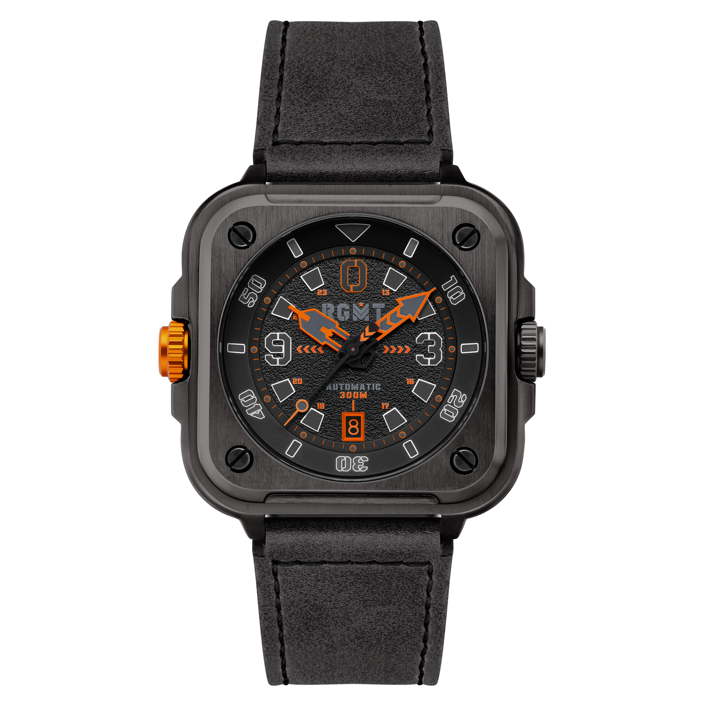 RGMT Men's 50mm Pershing Automatic Date Square Case Leather Strap Watch