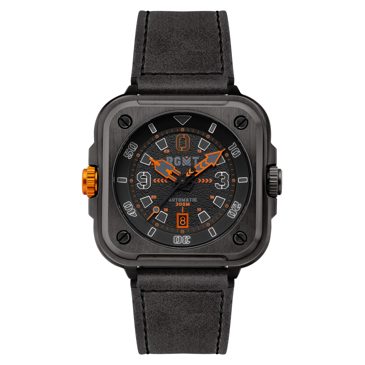 RGMT Men's 50mm Pershing Automatic Date Square Case Leather Strap Watch