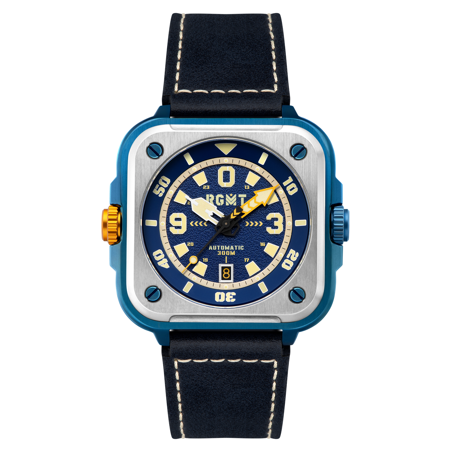 RGMT Men's 50mm Pershing Automatic Date Square Case Leather Strap Watch