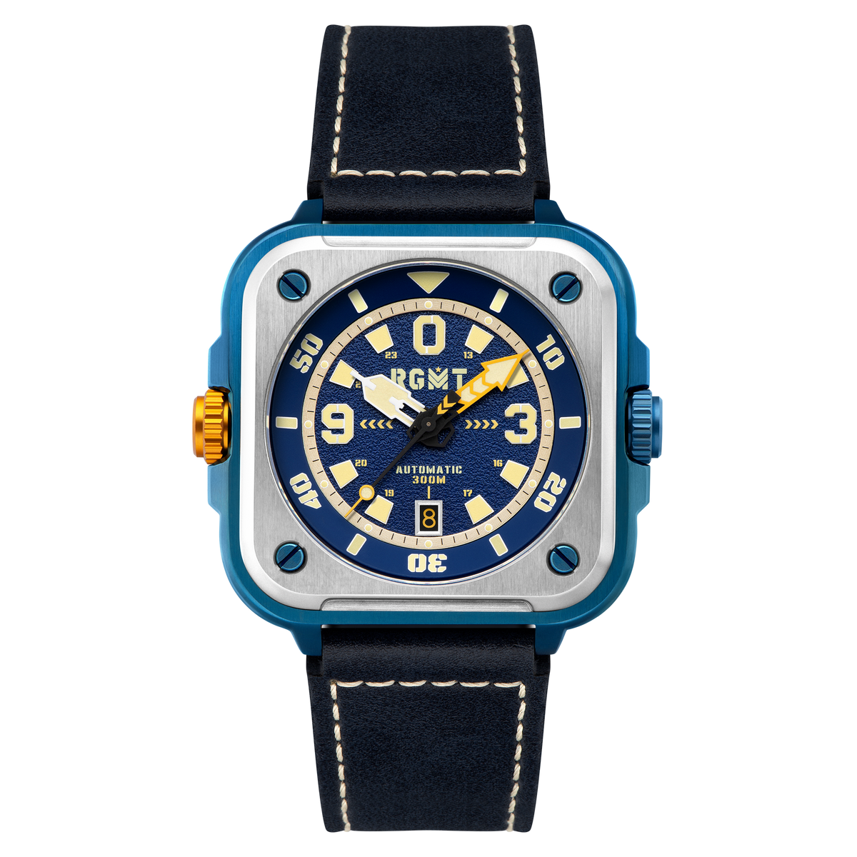 RGMT Men's 50mm Pershing Automatic Date Square Case Leather Strap Watch