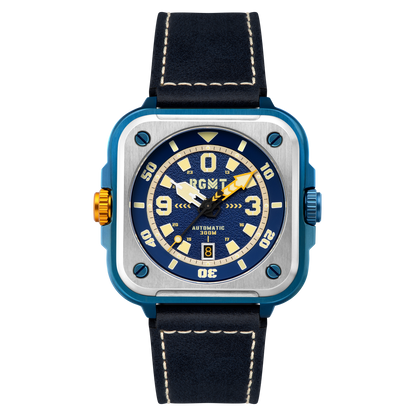 RGMT Men's 50mm Pershing Automatic Date Square Case Leather Strap Watch