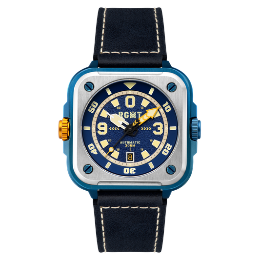 RGMT Men's 50mm Pershing Automatic Date Square Case Leather Strap Watch
