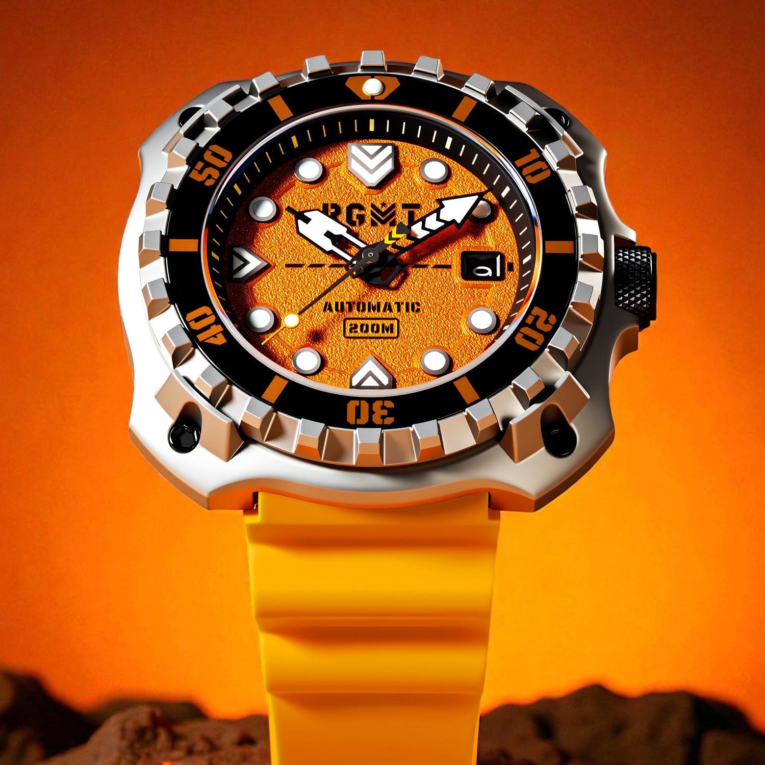 Wristwatch with a yellow strap and orange dial on an orange background