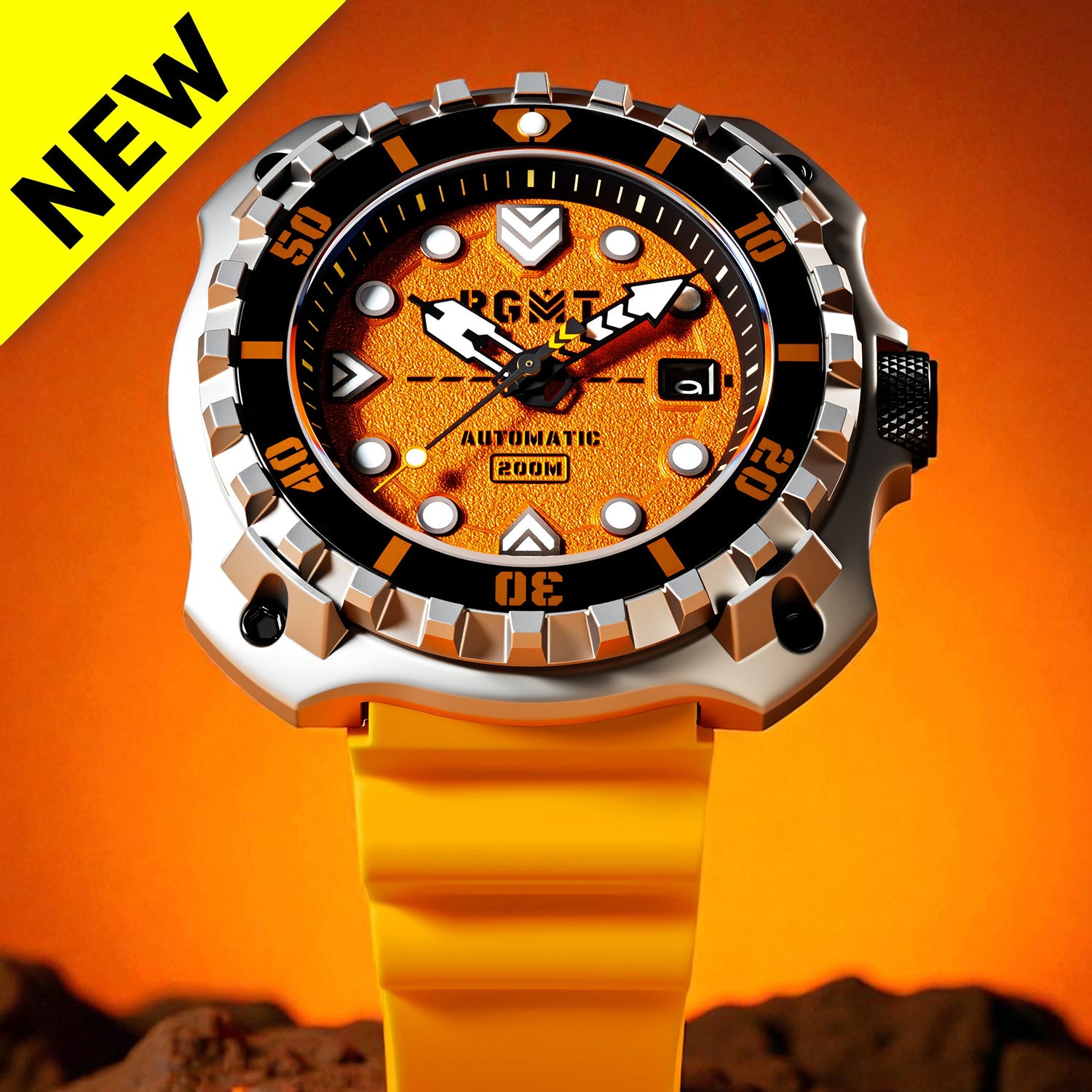 Wristwatch with orange strap and detailed face on an orange background