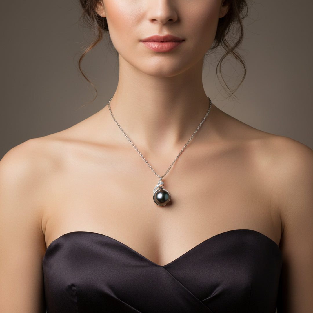 TRYNDI Rhodium Plated 11-12mm Tahitian Black Pearl Swarovski Crystal Necklace