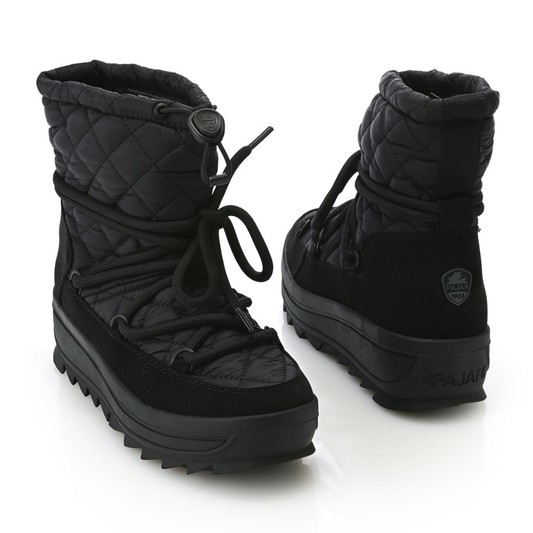 Pair of black winter boots with quilted design on a white background