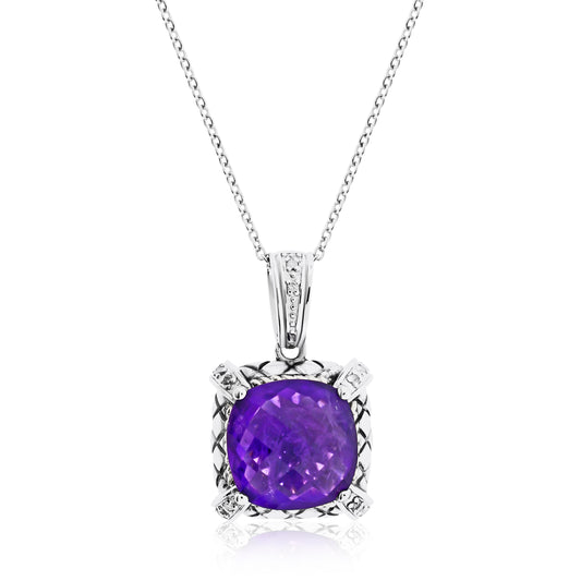 Belle Artique Sterling Silver 12mm Amethyst Briolette & Diamond Accent Pendant