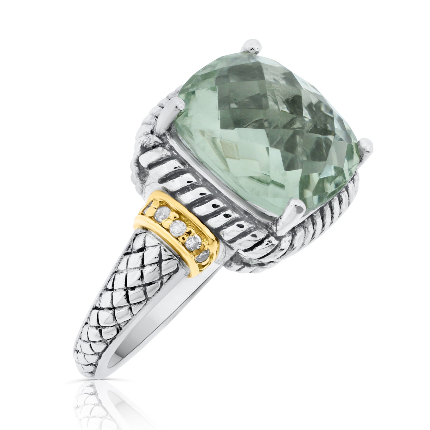 Belle Artique Sterling Silver Prasiolite & Diamond Cushion Solitaire Ring