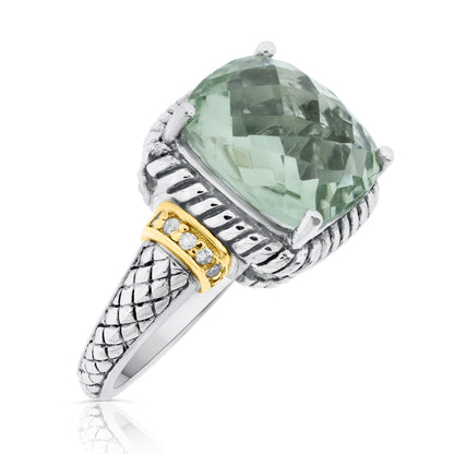 Belle Artique Sterling Silver Prasiolite & Diamond Cushion Solitaire Ring