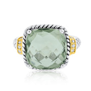 Belle Artique Sterling Silver Prasiolite & Diamond Cushion Solitaire Ring