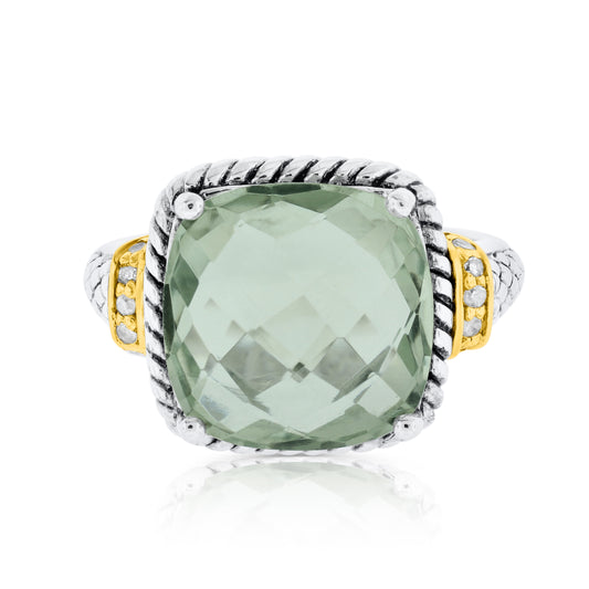 Belle Artique Sterling Silver Prasiolite & Diamond Cushion Solitaire Ring